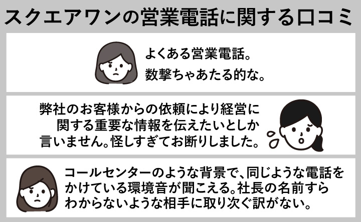 スクエアワンの営業電話に関する口コミ