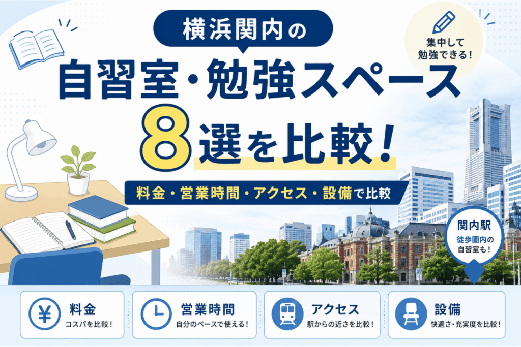 横浜関内の自習室・勉強スペース8選を比較！横浜関内エリアで利用できる自習室・勉強スペース8選を、料金・営業時間・アクセス・設備で比較しました。